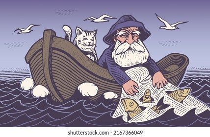 An old fisherman and his cat in a boat are fishing with a net in the sea. Gravure style. Vector illustration