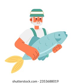 Old fisherman holding big fish semi flat color vector character. Editable half body happy man on white. Simple cartoon spot illustration for web graphic design