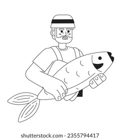 Old fisherman holding big fish flat line black white vector character. Editable thin line half body happy man on white. Simple bw cartoon spot image for web graphic design