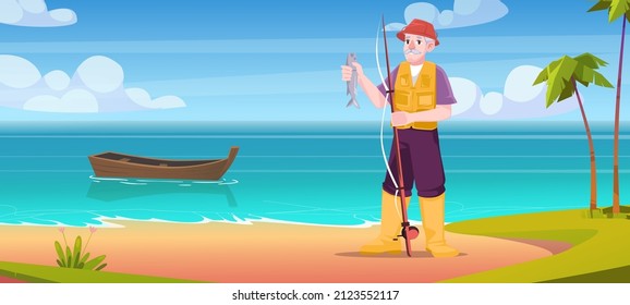 Old fisherman holding fish on rod stand at sea coast with floating wooden boat. Mature male character summer time activity, pensioner with haul, recreation, hobby, leisure, Cartoon vector illustration