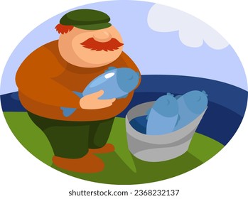 Old fisherman, illustration, vector on a white background.