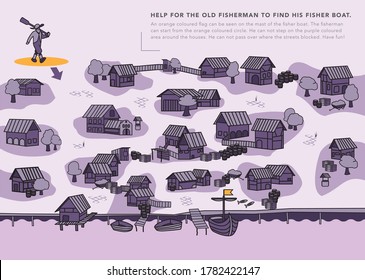 An old fisherman looking for his fisher boat labyrinth game. Labyrinth for kids, help for the old fisherman to find his boat. Vector graphic maze game. Find the correct path game illustration.