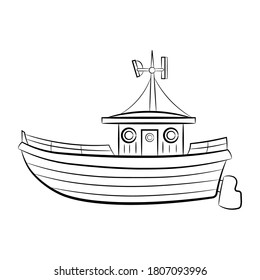 Old fishing boat icon. Pattern for coloring. Side view. Black contour silhouette. Vector flat graphic hand drawn illustration. The isolated object on a white background. Isolate.