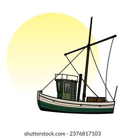 An old fishing boat and the morning sun. Morning at sea. Stylized image for prints, poster and illustrations.