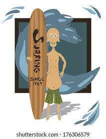 Old fit male character smiling and posing with his wooden long board. With shadow on the white floor. Background is a frame smaller then the art with water drops spilling out from the main wave.