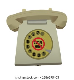 Old fixed phone with rotary dial isolated on white background