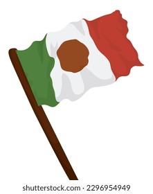 Alte Flagge von Mexiko mit gerissenen Rand, winkt auf dem Fahnenmast. Design im Cartoon-Stil auf weißem Hintergrund.