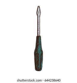 Old flathead screwdriver tool, colorful vintage hand drawn illustration of tool. Vector