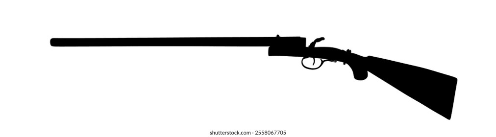 Old flintlock rifle vector silhouette illustration isolated on white background. Rustic vintage gun symbol. Ancient musket silhouette. Historical weapon, retro military arms. Nineteenth century period