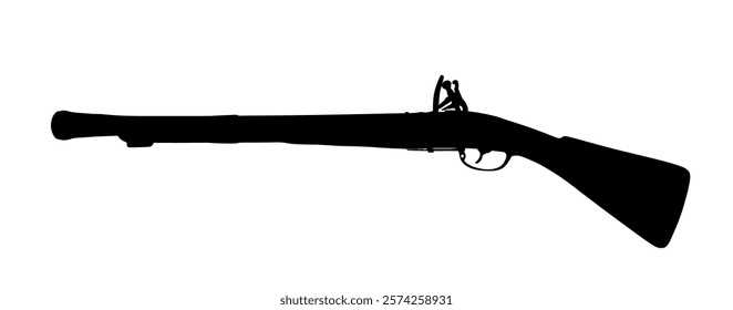 Old flintlock rifle vector silhouette illustration isolated on white background. Rustic vintage gun symbol. Ancient musket silhouette. Historical weapon, retro military arms. Eighteenth century period
