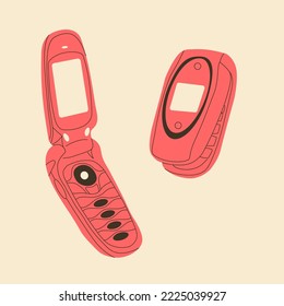 Old Flip Phone .Vector in cartoon style. All elements are isolated