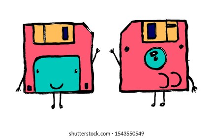 Old floppy disk character front and behind isolated on white background. Happy waving magnetic retro data storage device, cutout colorful diskette, flat lay. Grunge hand-drawn doodle icon.
