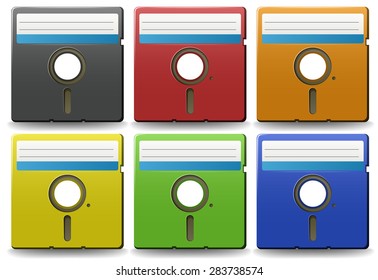 Old floppy disks in six different colors