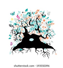 Old floral tree with roots for your design