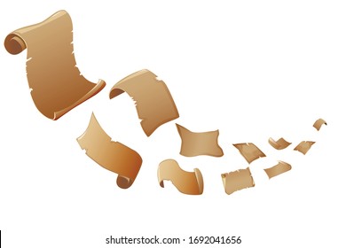 Old flying magic scrolls cartoon set isolated vector illustration