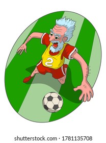 Сartoon old football players. A team of funny older people in an amateur match. Sport club of interest. Vector banner, poster, template on isolated background.