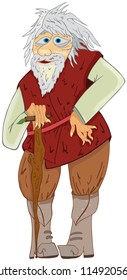 the old forest dweller has not cut his beard for a long time and stands with a stick