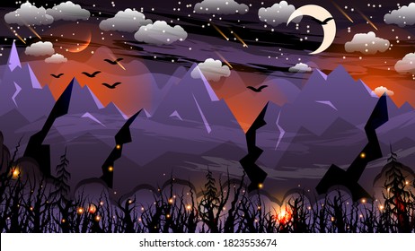 old forest and lights on the background of purple mountains, a glowing sky with the moon, clouds, stars, meteorites, silhouettes of flying birds. night mountain landscape. vector
