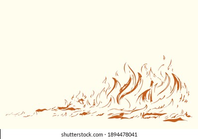 Old forestry wood warm ignite accident wild glow flare ash view white text space Dark black line hand draw big oven smoke risk destroy dry climate life hazard frame icon sign concept art sketch style