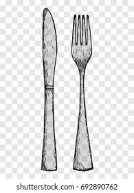 Old fork and knife hand drawing. Cutlery on a transparent background