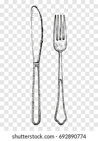 Old fork and knife sketch. Cutlery on a transparent background