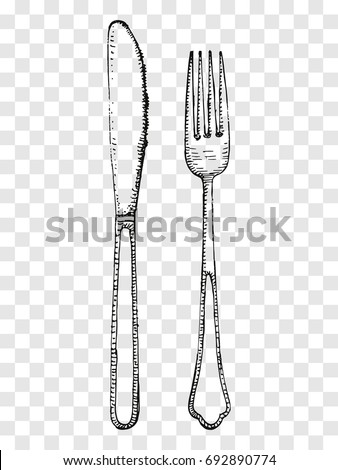 Old fork and knife sketch. Cutlery on a transparent background
