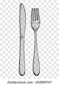 Old fork and knife sketch illustration. Cutlery on a transparent background