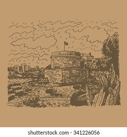 Old fort in Antalya, Turkey. Vector freehand pencil sketch.