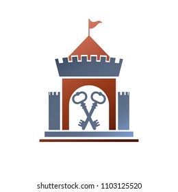 Old fortress decorative isolated vector illustration. Ancient Castle ornate logo in old style on white background.
