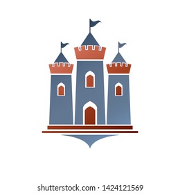 Old fortress decorative isolated vector illustration.  Ancient Castle logo in old style on white background.