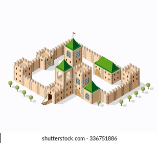 Old fortress fort. Isometric view vintage medieval building home