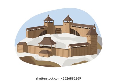 Old fortress with wooden walls and defense towers. Medieval kingdom on mountain. Ancient royal castle, historical fort. Chateau building of city. Flat isolated vector illustration on white background