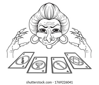 Old fortune teller with tarot cards. Tarot cards included symbols of pentacles, wands, cups, swards. Vector templates isolated on white background.