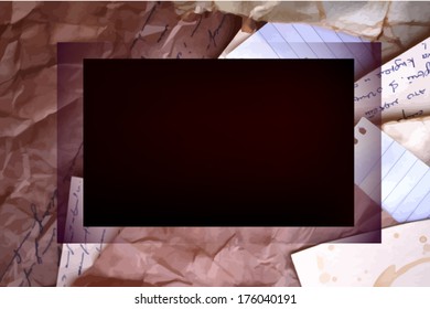 Old frame with crumpled paper and manuscripts. Vector