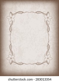 Old frame with flowers on aged paper with dark edges and a blank space for text. Retro vintage greeting card or invitation.