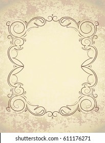 Old frame on aged paper with empty space for text. Retro vintage greeting card, invitation or template for notes.