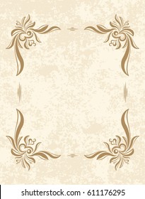 Old frame on aged paper with empty space for text. Retro vintage greeting card, invitation or template for notes.