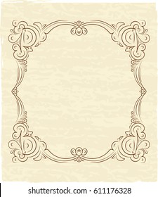 Old frame on aged paper with empty space for text. Retro vintage greeting card, invitation or template for notes.