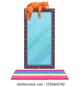 An old framed mirror with a cat on it and a striped carpet. Isolated on a white background. Vector cartoon close-up illustration.
