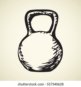 Old free flex gray crossbar dumb bell isolated on white backdrop. Freehand outline ink hand drawn logo picture sketchy in retro scrawl style pen on paper. Closeup view with space for text