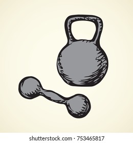 Old free flex gray crossbar dumb bell isolated on white backdrop. Freehand outline ink hand drawn logo picture sketchy in retro scrawl style pen on paper. Closeup view with space for text
