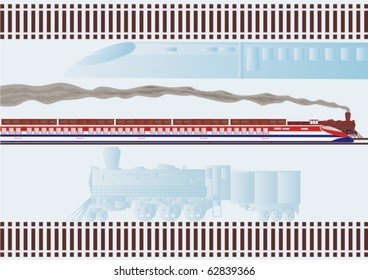 Old freight locomotive and a modern passenger express train speeding along the rails.