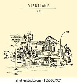 Old French colonial house in Vientiane, capital of Laos, Southeast Asia. Vintage hand drawn touristic postcard in vector