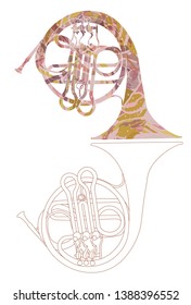 Old french horn, brass instrument - hand drawn vector illustration with grunge texture