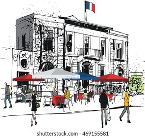 Old French café illustration with sun umbrellas and diners