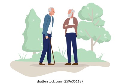 Old friends - Two senior retired men meeting outdoors getting fresh air and talking together. Flat design vector illustration