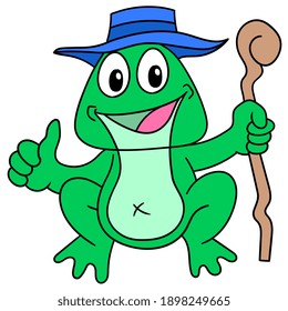 an old frog carrying a stick face smiling happily, doodle draw kawaii. vector illustration art