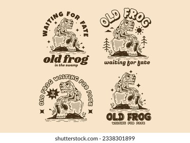 Old frog waiting for fate, Vintage Mascot character design of frog perched on the skull