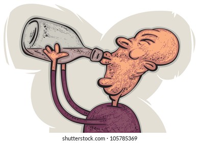 Old funny bald man drinking alcohol from a big bottle