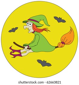 Old funny witch flies on broom opposite the moon.